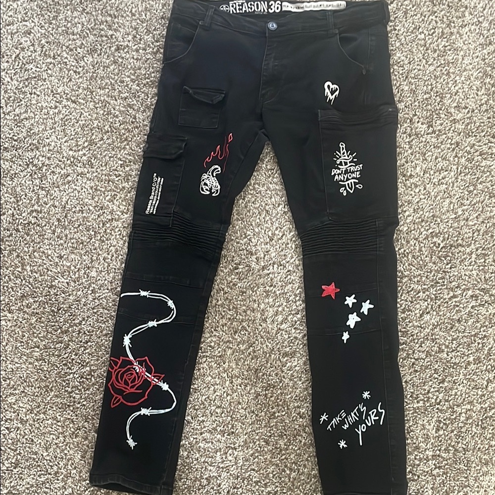 Black Graphic Jeans with Red and White Accents